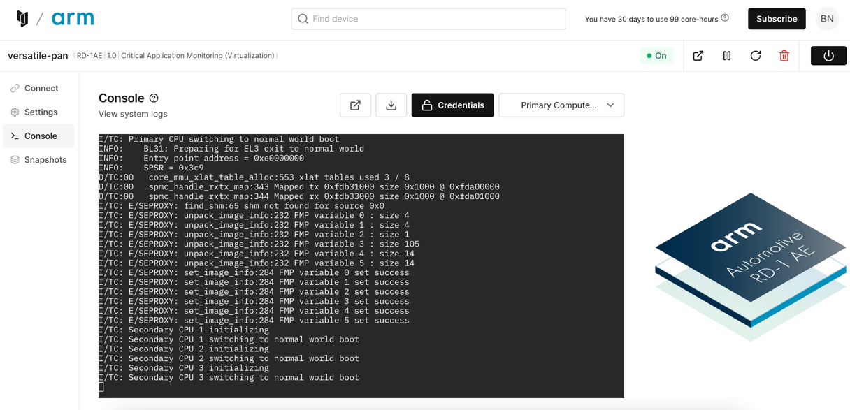 Arm RD-1AE Virtual Hardware screenshot