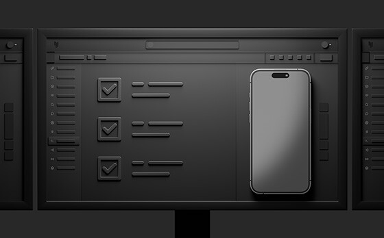 Black animated illustration of an iPhone to the left of the monitor screen and three boxes checked off the the left of the screen