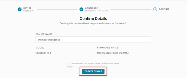 Step four > Raspberry Pi configuration; confirm details to create your device