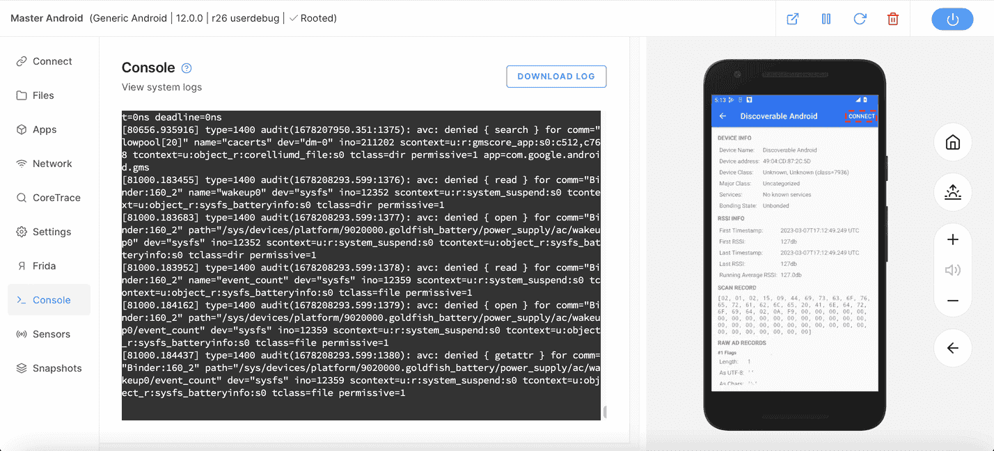 Screenshot of the Master Android, console, “view system logs”; on the right is the virtual Android device, discoverable Android device info; connect