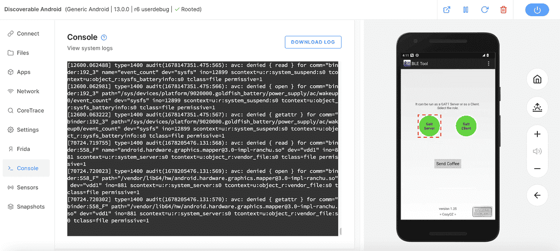 Screenshot of the Master Android, console, “view system logs”; on the right is the virtual Android devices BLE Tool; Golf Server or as a client