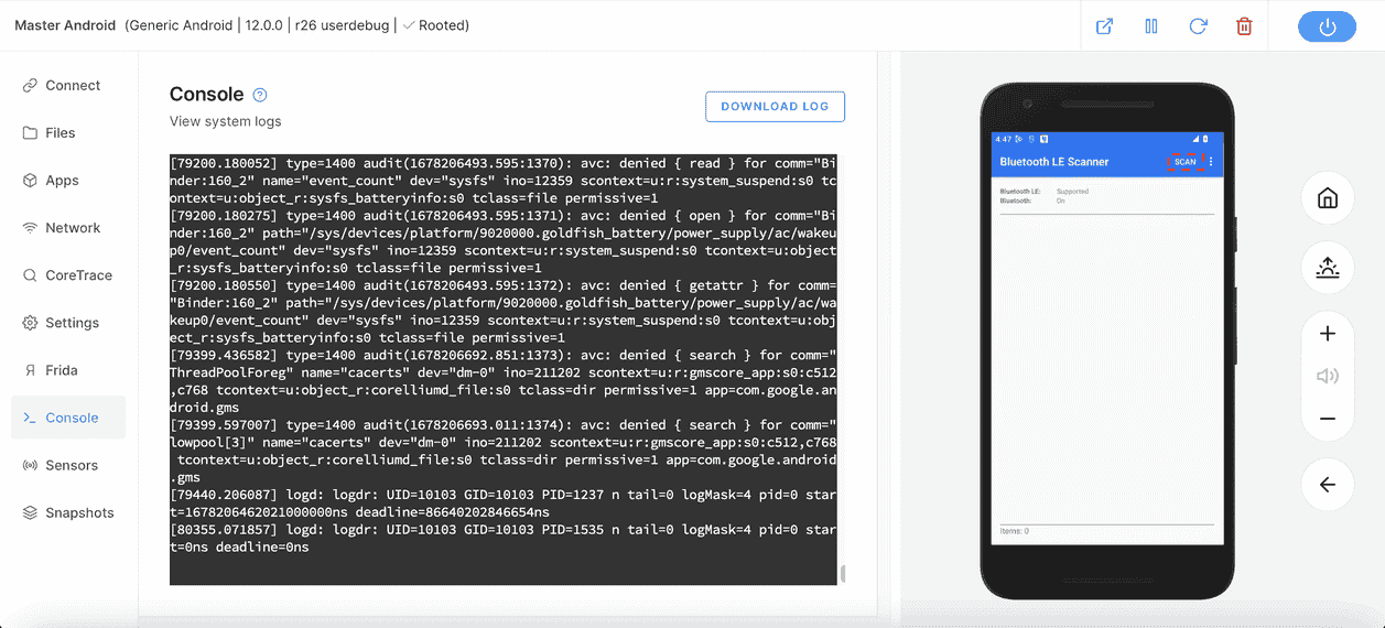 Screenshot of the Master Android, console, “view system logs”; on the right is the virtual Android device Bluetooth LE Scanner "scan"