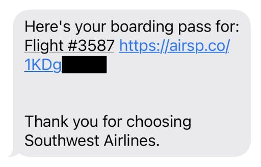 Screenshot of a potential phishing scam with a suspicious URL for a Southwest Airlines boarding pass.