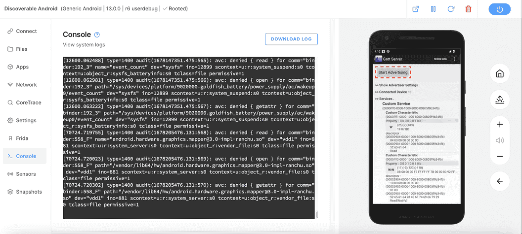 Screenshot of the Master Android, console, “view system logs”; on the right is the virtual Android devices Gatt Server; start advertising